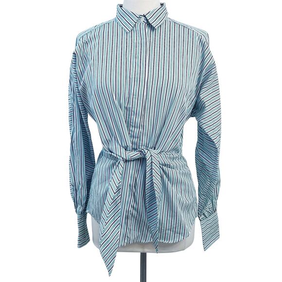 Lauren Ralph Lauren Striped Button-Up Shirt with Waist Tie Size Large - Picture 1 of 16